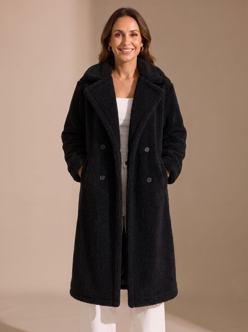 Elfriede | Manteau en fausse fourrure pour femmes, long, à double boutonnage, Teddy Coat Beige