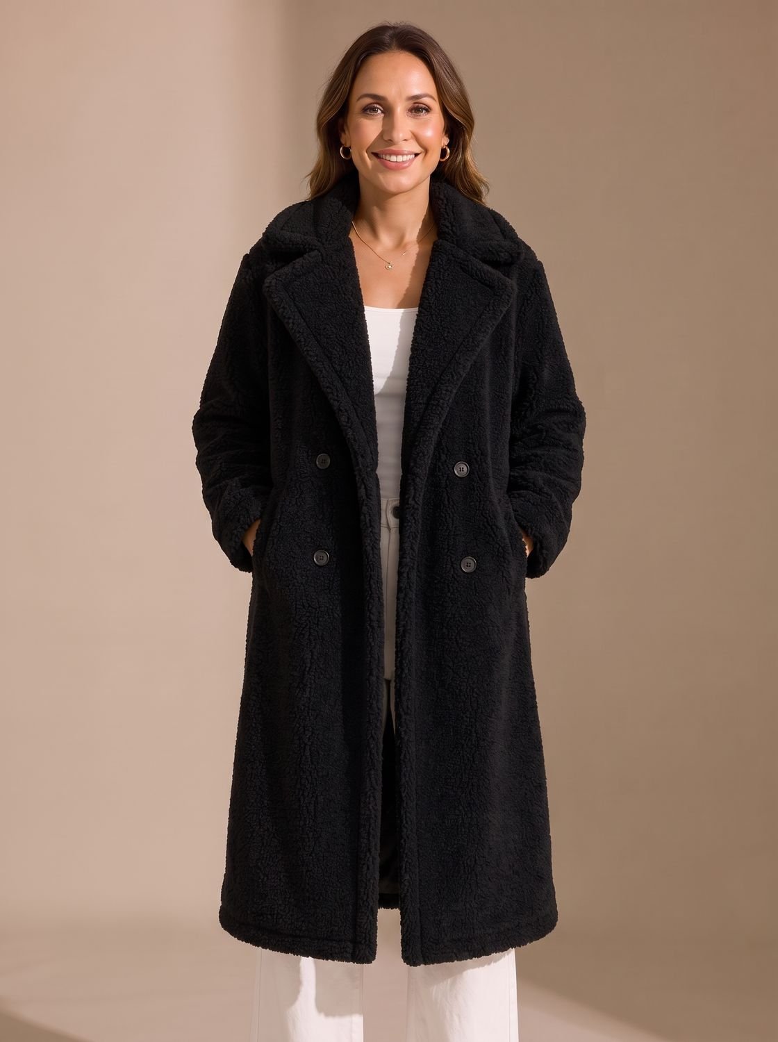 Elfriede | Manteau en fausse fourrure pour femmes, long, à double boutonnage, Teddy Coat Beige