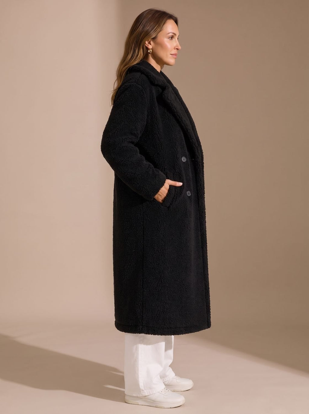 Elfriede | Manteau en fausse fourrure pour femmes, long, à double boutonnage, Teddy Coat Beige