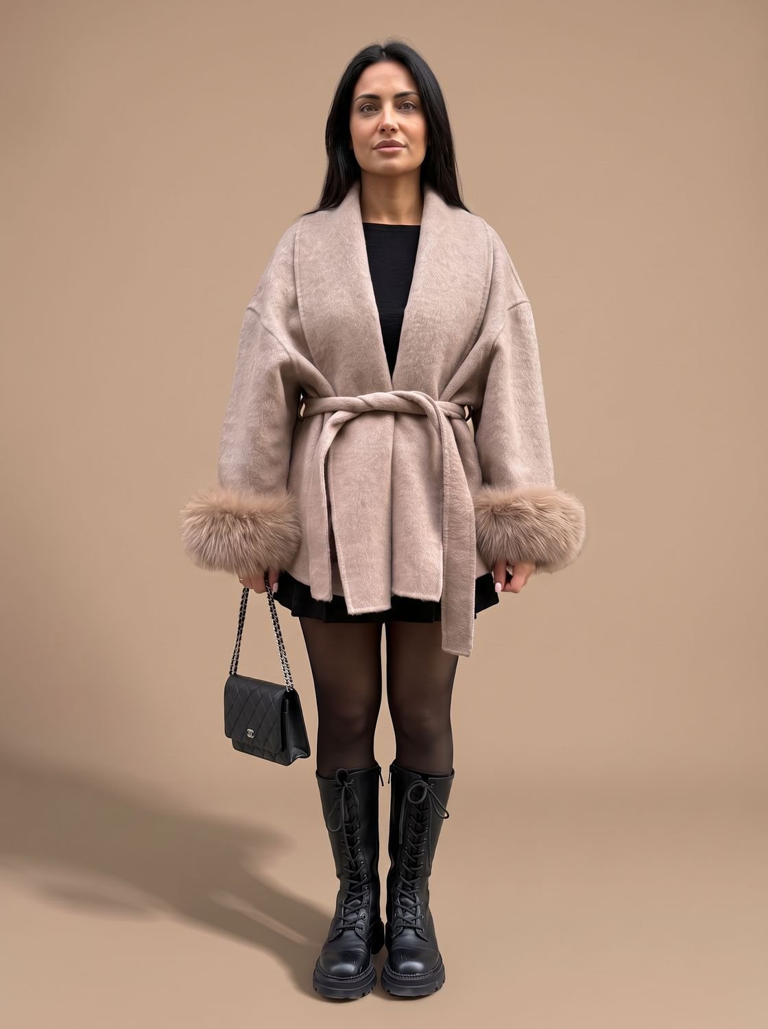 Nora | Manteau en fausse fourrure pour femmes avec ceinture et manches en peluche
