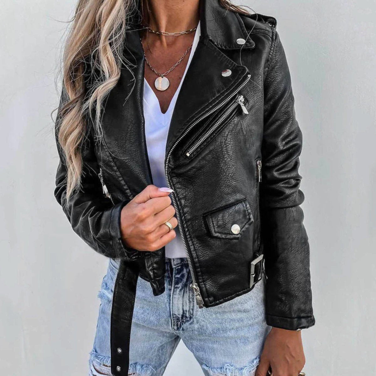 Hannah | Veste de biker en simili cuir pour femmes avec fermeture éclair diagonale, longueur taille