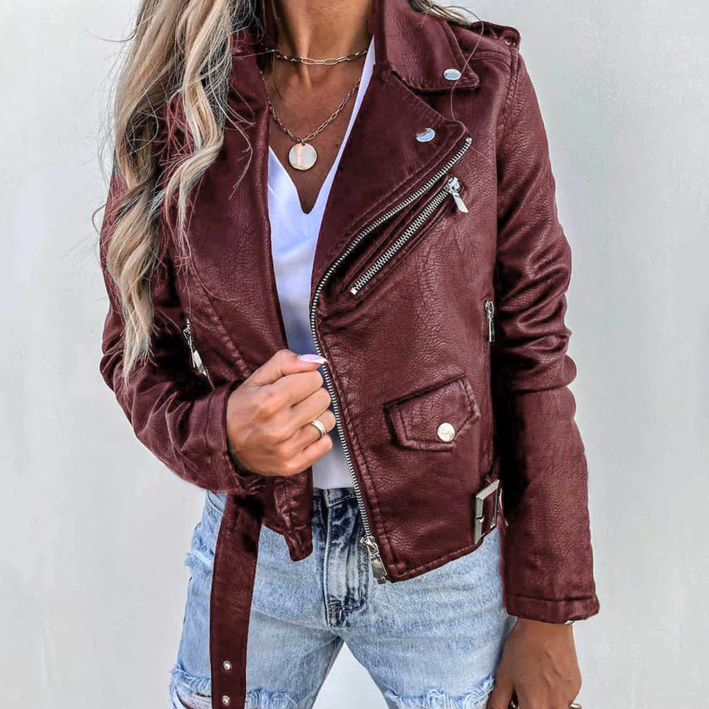 Hannah | Veste de biker en simili cuir pour femmes avec fermeture éclair diagonale, longueur taille