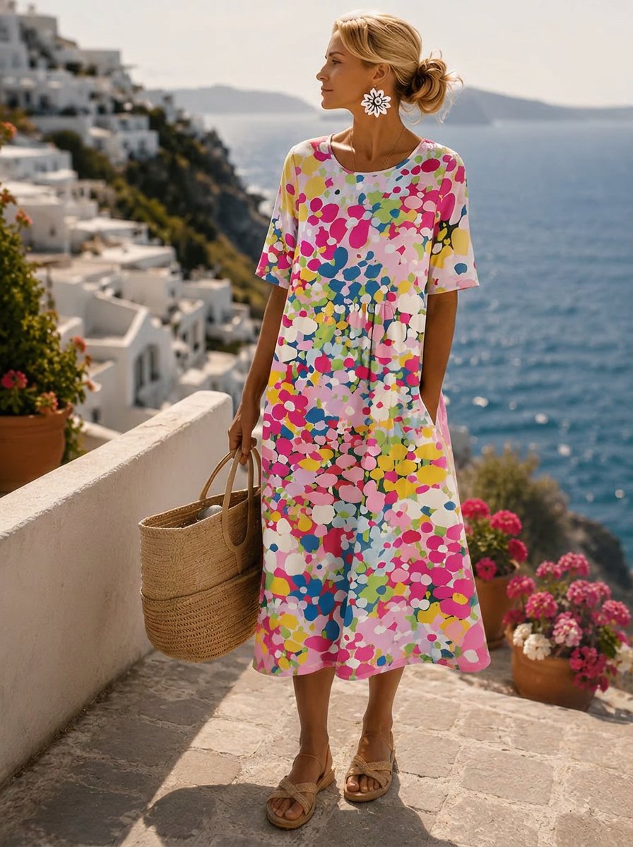 Hannah | Robe Midi à Manches Courtes pour Femmes avec Imprimé Floral Coloré, Coupe Ample