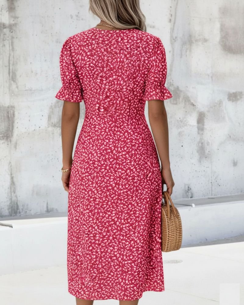 Sophie | Robe midi à manches courtes pour femmes avec décolleté en V et boutons