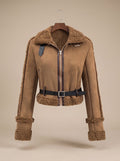 Lena | Veste courte en teddy pour femmes en fausse fourrure, aspect daim avec ceinture