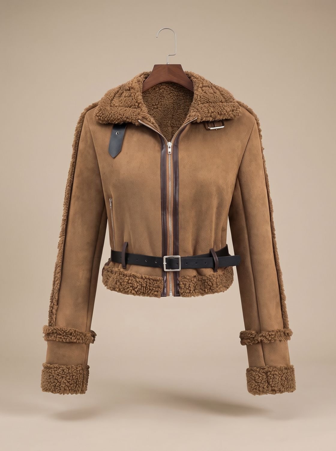 Lena | Veste courte en teddy pour femmes en fausse fourrure, aspect daim avec ceinture