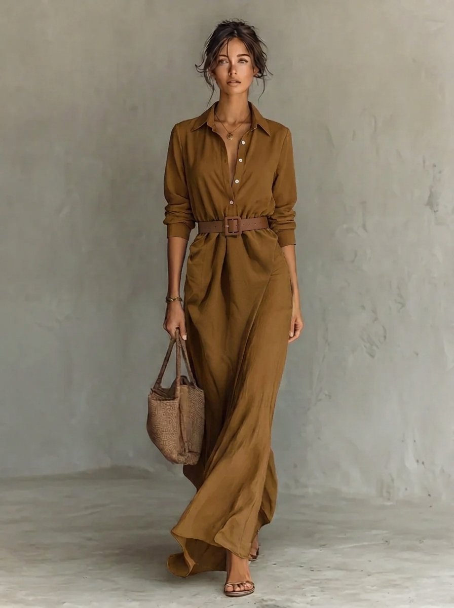 Katharina | Robe maxi à manches longues pour femmes, cintrée avec ceinture