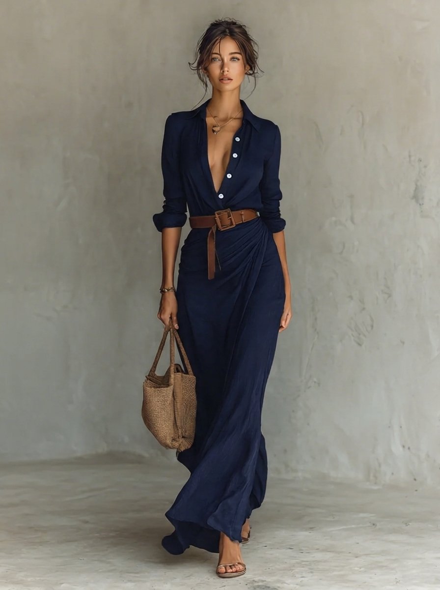 Katharina | Robe maxi à manches longues pour femmes, cintrée avec ceinture
