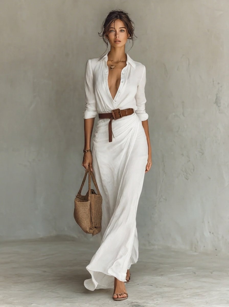 Katharina | Robe maxi à manches longues pour femmes, cintrée avec ceinture