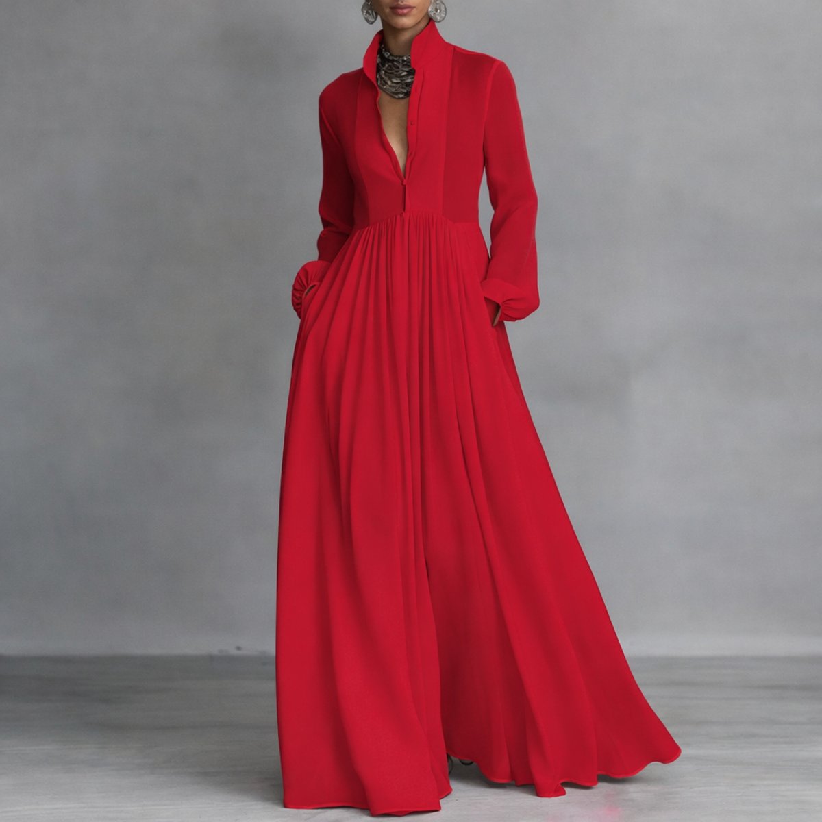 Sophie | Robe Maxi à Manches Longues pour Femmes, Robe Chemise Fluide avec Col Montant