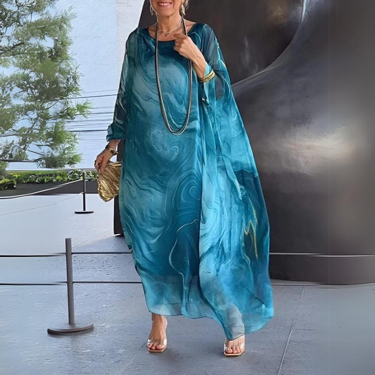Sophie | Robe Maxi à Manches Longues pour Femmes, Robe de Soirée Fluide à Encolure Ronde
