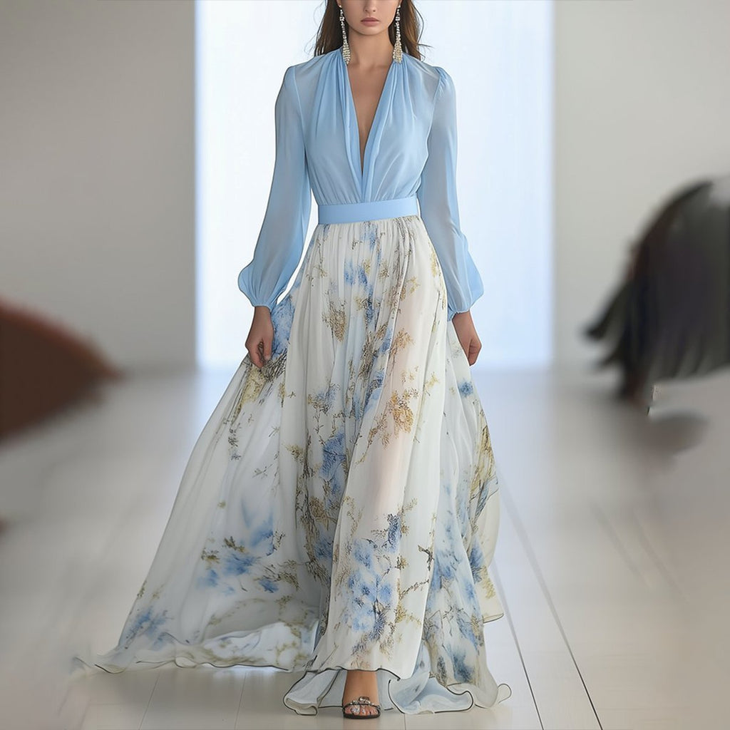 Marlene | Robe Maxi à Manches Longues pour Femmes en Chiffon Floral, Coupe A, Décolleté V Profond