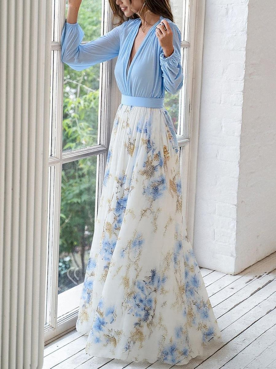 Marlene | Robe Maxi à Manches Longues pour Femmes en Chiffon Floral, Coupe A, Décolleté V Profond