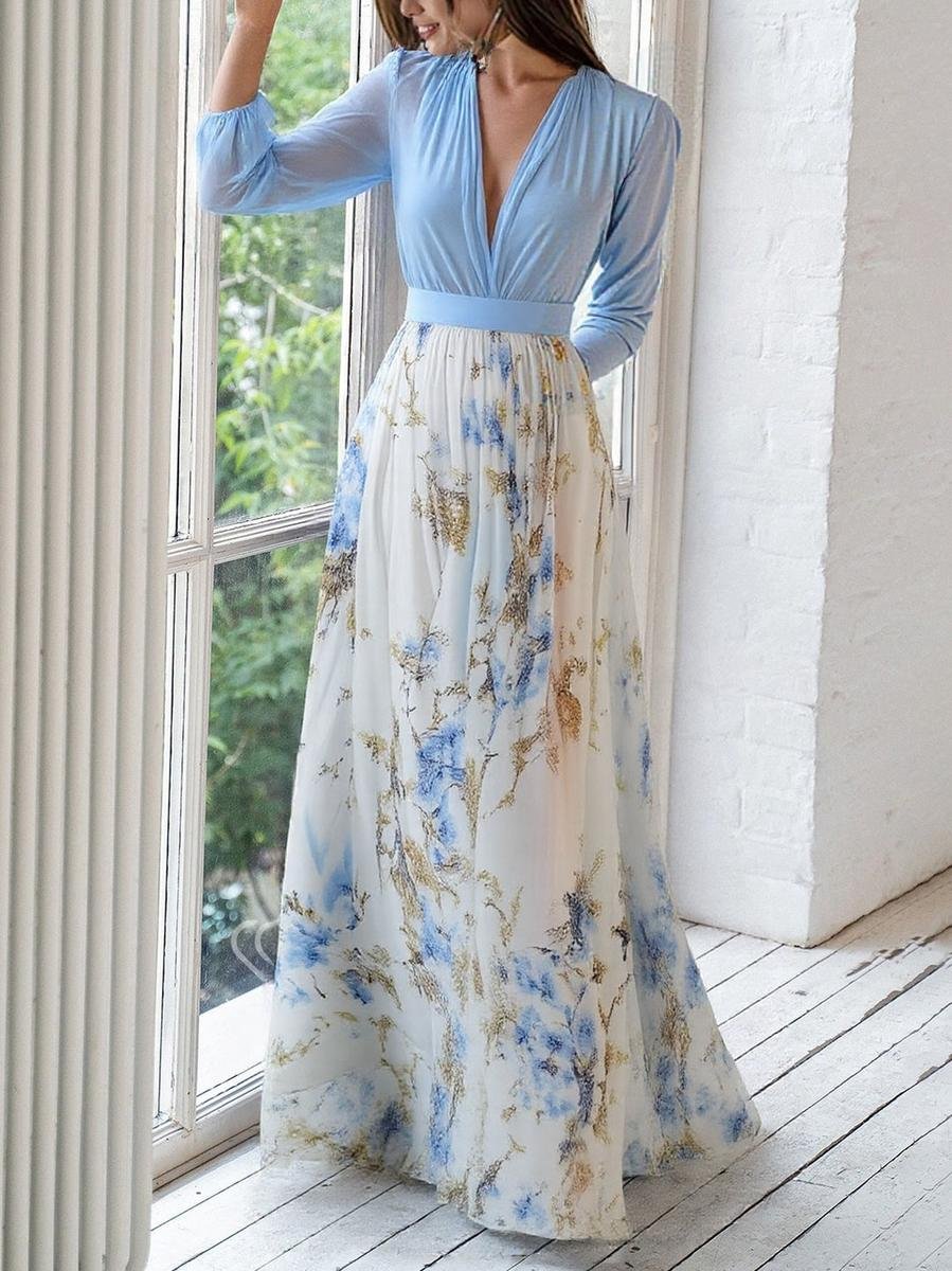 Marlene | Robe Maxi à Manches Longues pour Femmes en Chiffon Floral, Coupe A, Décolleté V Profond