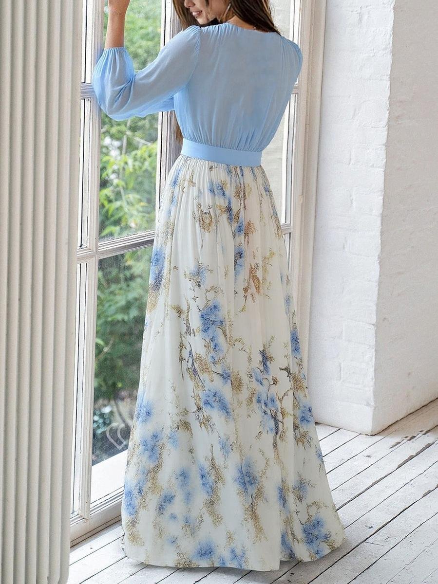 Marlene | Robe Maxi à Manches Longues pour Femmes en Chiffon Floral, Coupe A, Décolleté V Profond