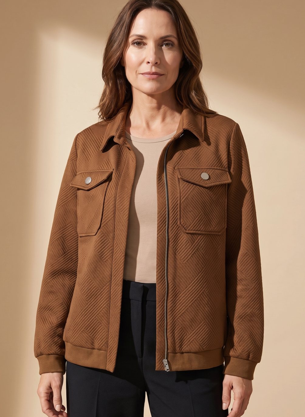 Johanna | Veste matelassée à manches longues pour femmes avec fermeture éclair, poches poitrine et col chemise