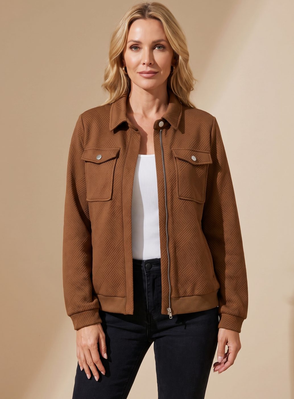 Johanna | Veste matelassée à manches longues pour femmes avec fermeture éclair, poches poitrine et col chemise