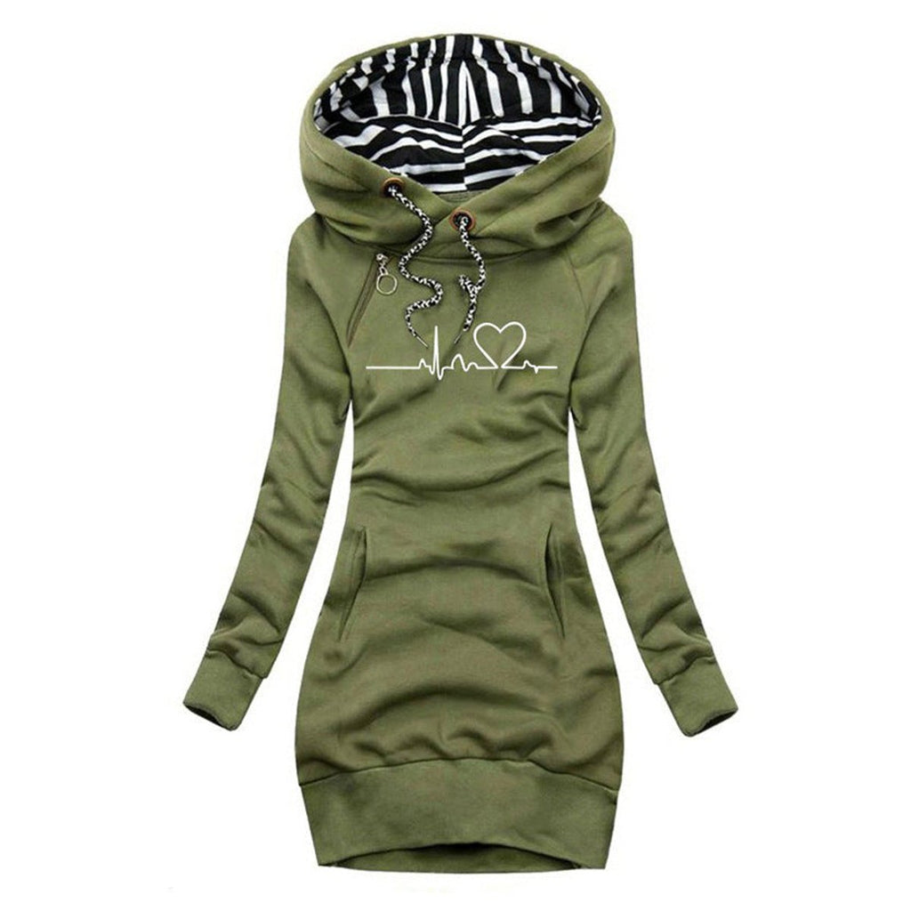 Elfriede | Robe Sweat à Manches Longues pour Femme avec Imprimé de Battement de Cœur et Capuche