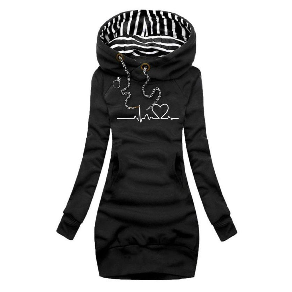 Elfriede | Robe Sweat à Manches Longues pour Femme avec Imprimé de Battement de Cœur et Capuche