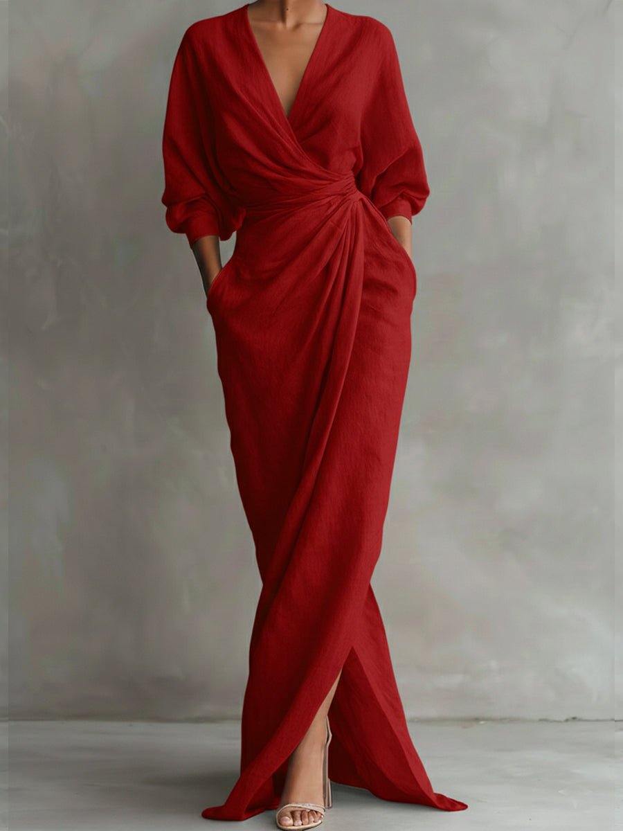 Hannah | Robe longue à manches longues pour femmes, élégante robe maxi portefeuille avec décolleté en V