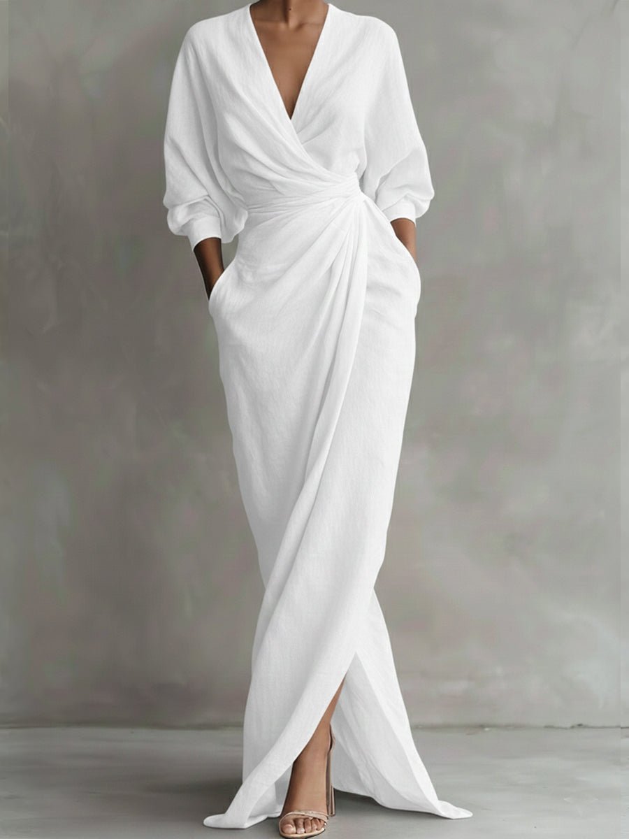 Hannah | Robe longue à manches longues pour femmes, élégante robe maxi portefeuille avec décolleté en V