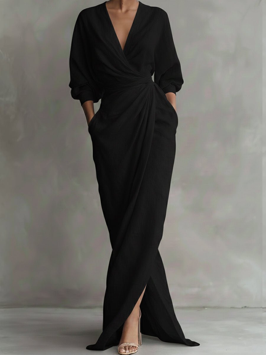 Hannah | Robe longue à manches longues pour femmes, élégante robe maxi portefeuille avec décolleté en V