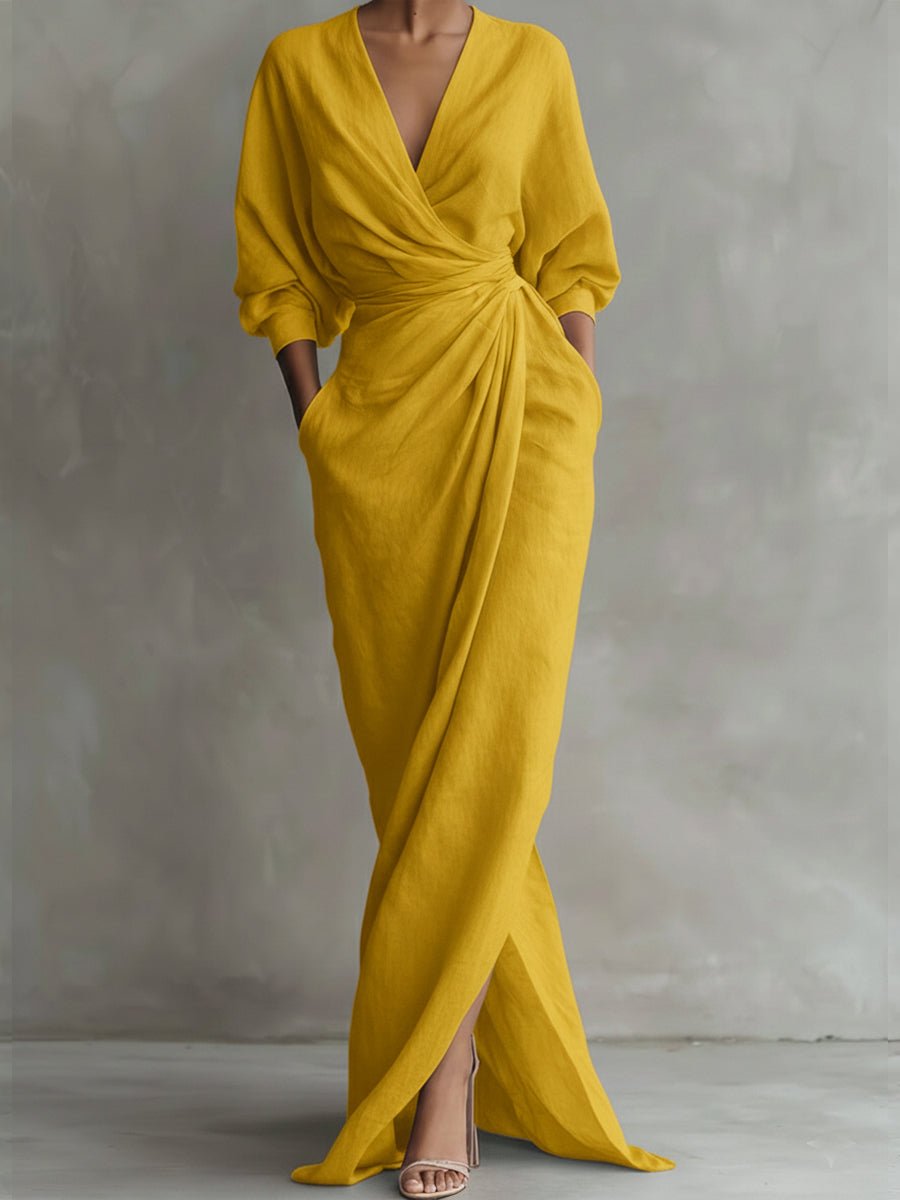 Hannah | Robe longue à manches longues pour femmes, élégante robe maxi portefeuille avec décolleté en V
