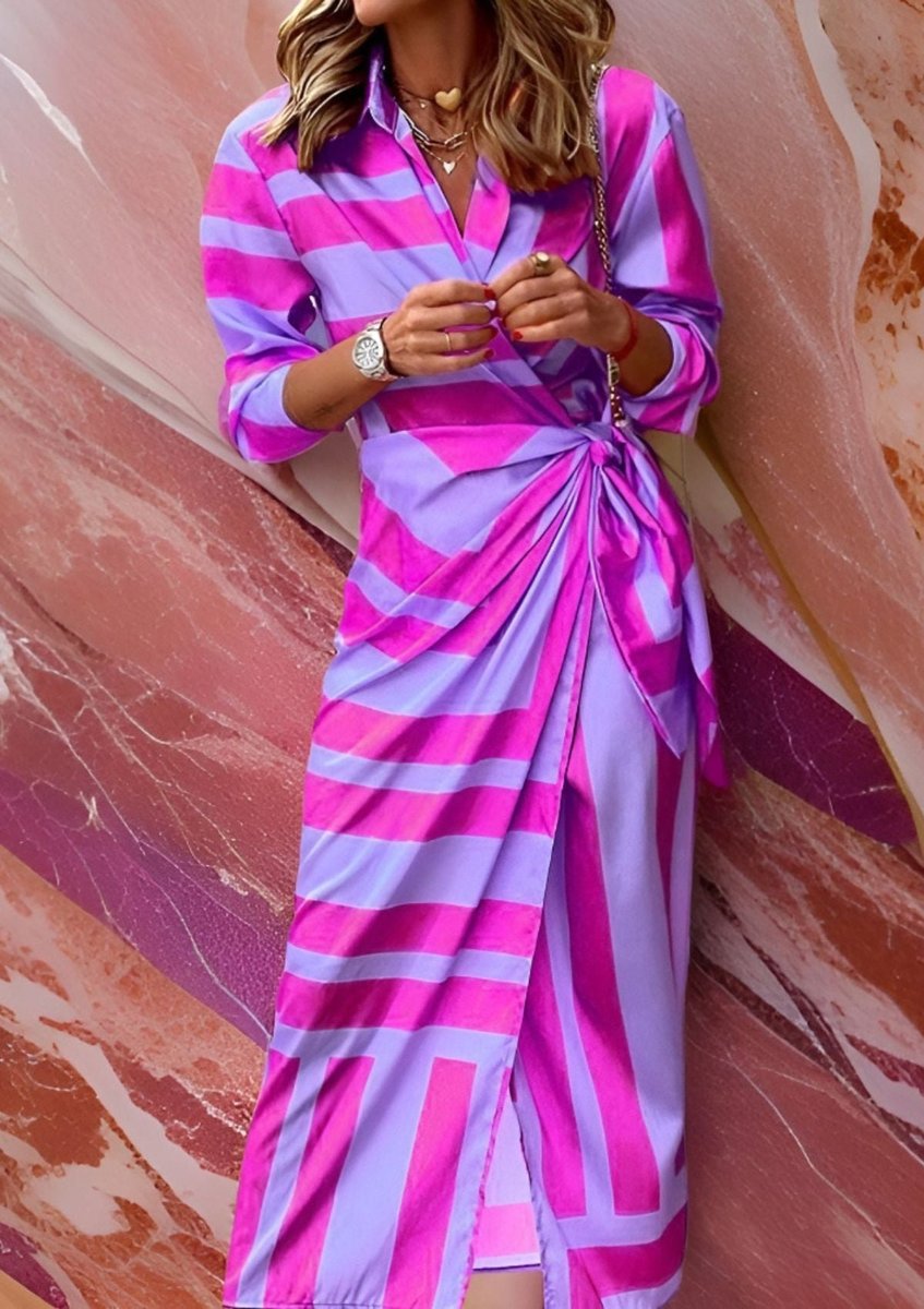 Annika | Robe longue à manches longues pour femmes, robe portefeuille à rayures avec décolleté en V