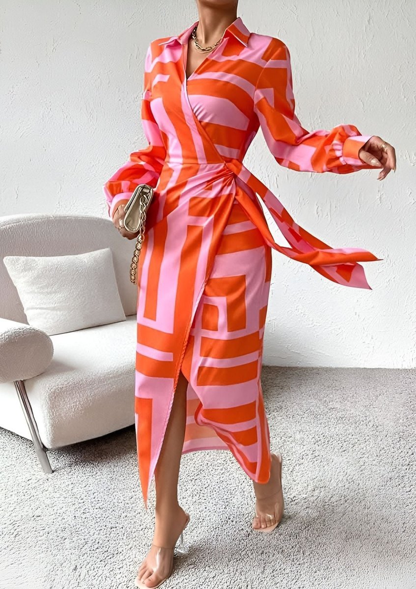 Annika | Robe longue à manches longues pour femmes, robe portefeuille à rayures avec décolleté en V