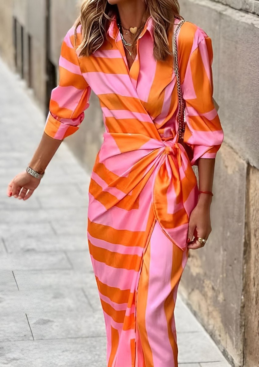 Annika | Robe longue à manches longues pour femmes, robe portefeuille à rayures avec décolleté en V