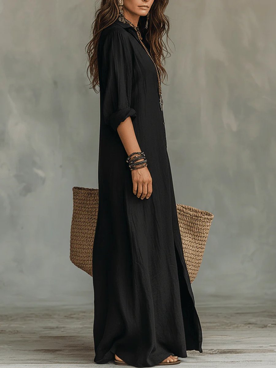 Nora | Robe longue à manches longues pour femmes, robe chemise maxi avec patte de boutonnage, coupe fluide