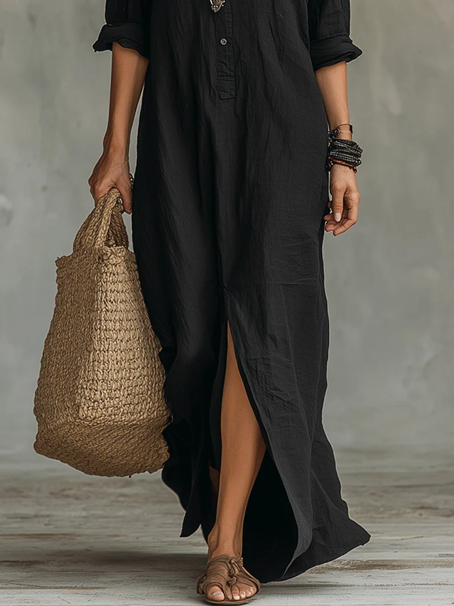 Nora | Robe longue à manches longues pour femmes, robe chemise maxi avec patte de boutonnage, coupe fluide