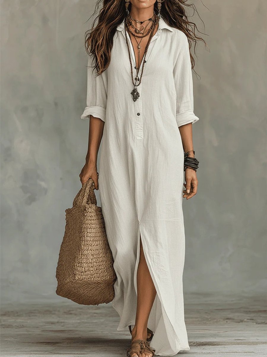 Nora | Robe longue à manches longues pour femmes, robe chemise maxi avec patte de boutonnage, coupe fluide
