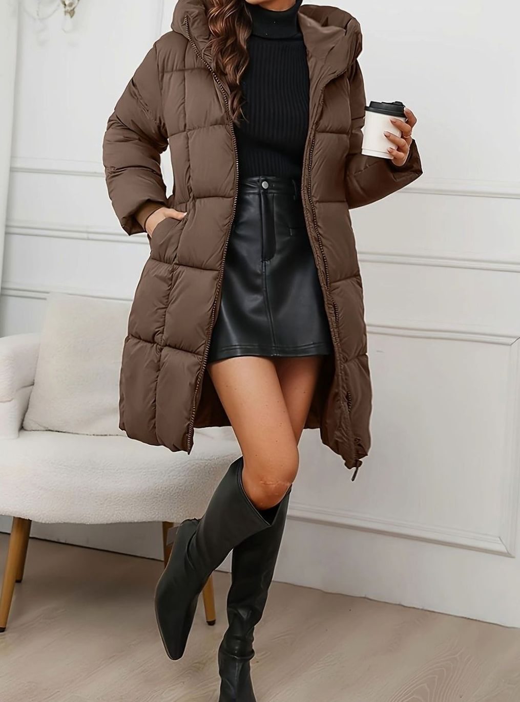 Sophie | Veste longue matelassée pour femmes avec capuche, manteau d'hiver, doudoune