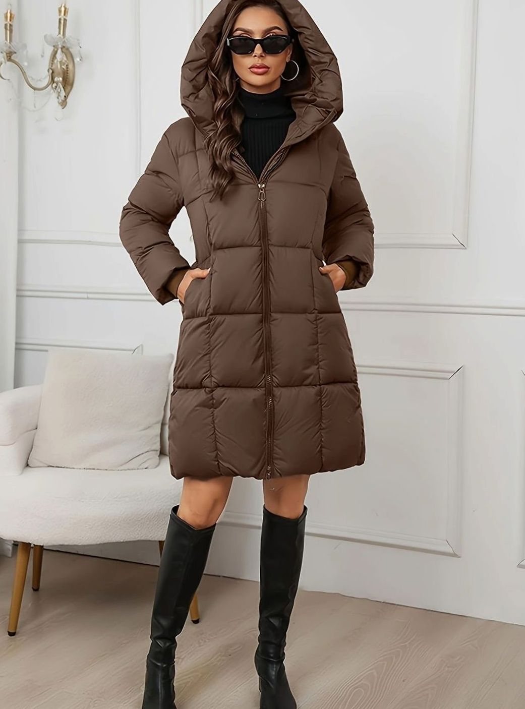 Sophie | Veste longue matelassée pour femmes avec capuche, manteau d'hiver, doudoune