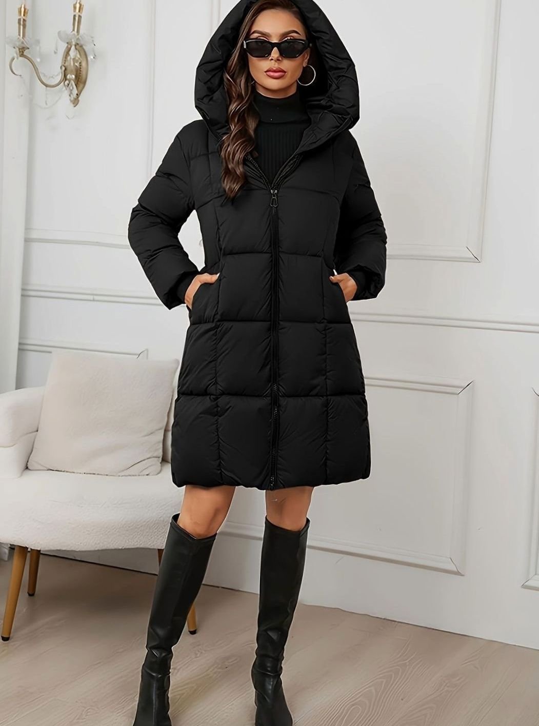 Sophie | Veste longue matelassée pour femmes avec capuche, manteau d'hiver, doudoune