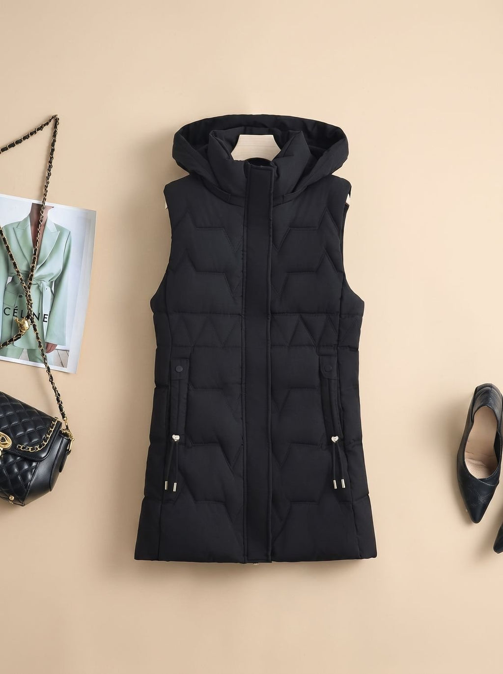 Lena | Veste longue matelassée pour femmes avec capuche, gilet ajustable