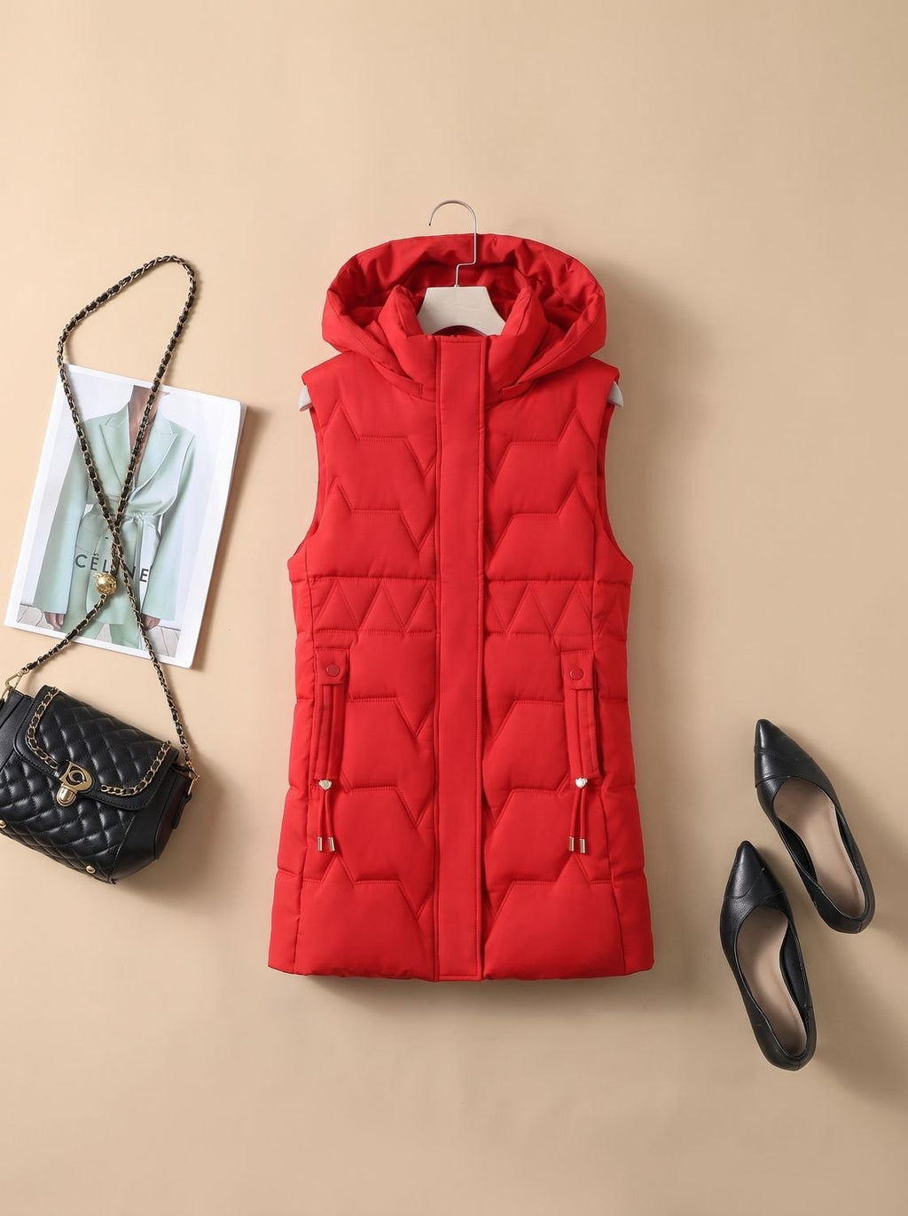 Lena | Veste longue matelassée pour femmes avec capuche, gilet ajustable