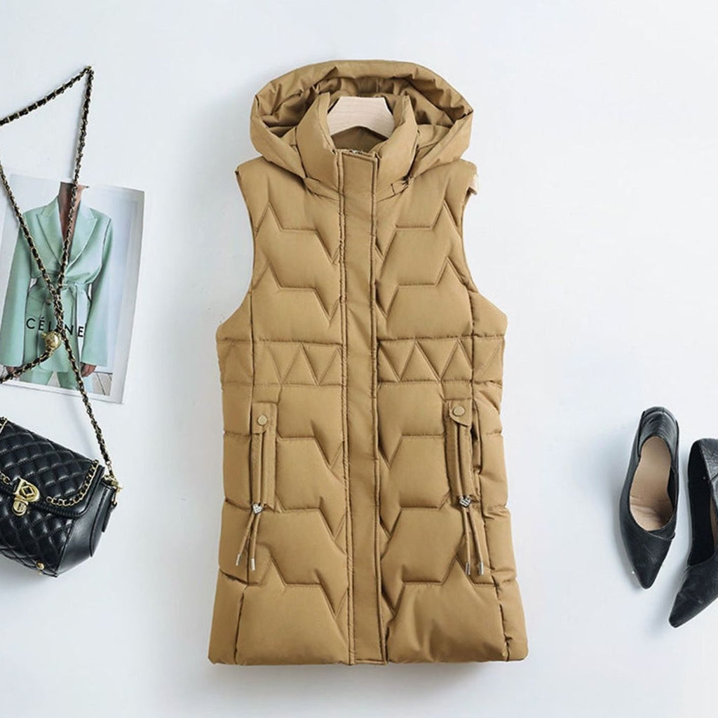 Hannah | Gilet long matelassé pour femmes avec capuche et cordons de taille