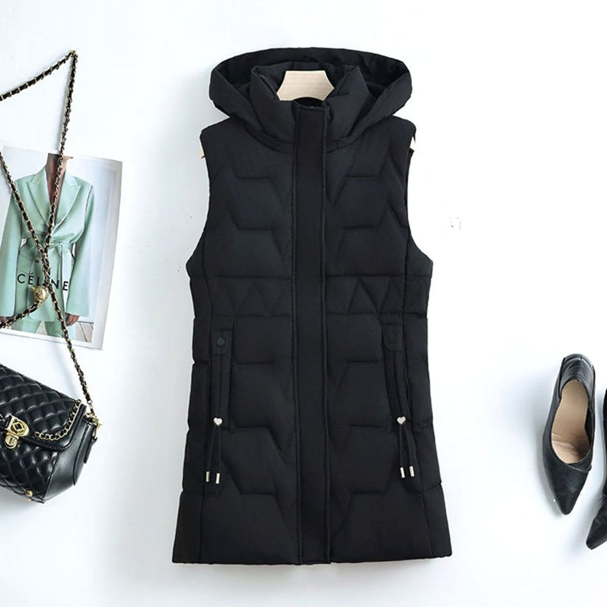 Hannah | Gilet long matelassé pour femmes avec capuche et cordons de taille