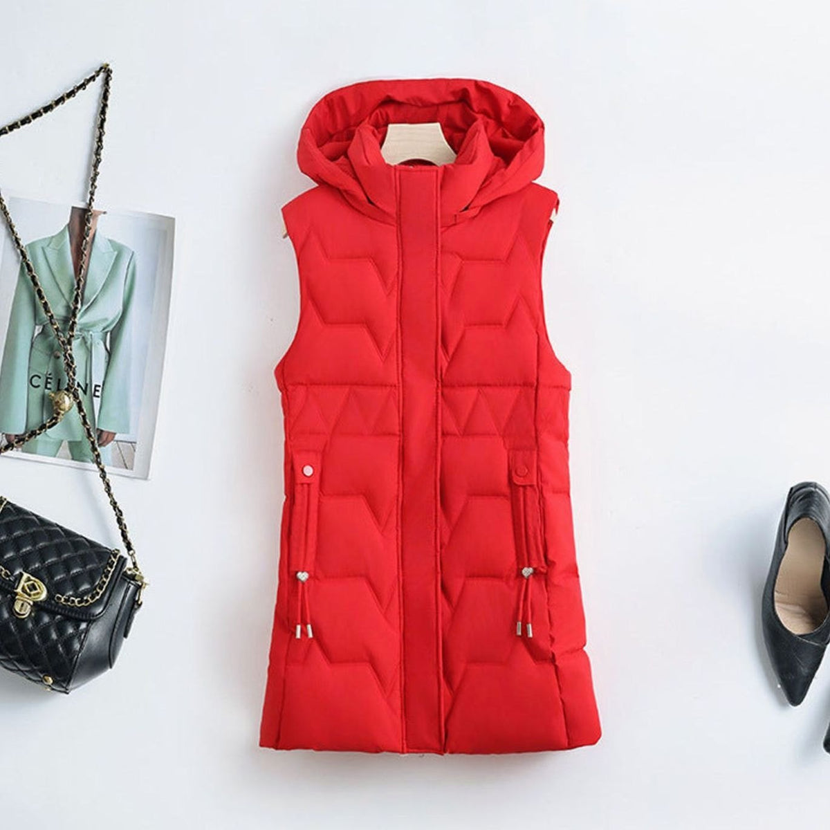 Hannah | Gilet long matelassé pour femmes avec capuche et cordons de taille