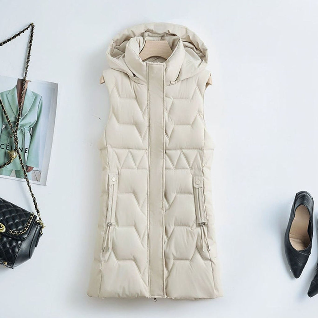 Hannah | Gilet long matelassé pour femmes avec capuche et cordons de taille