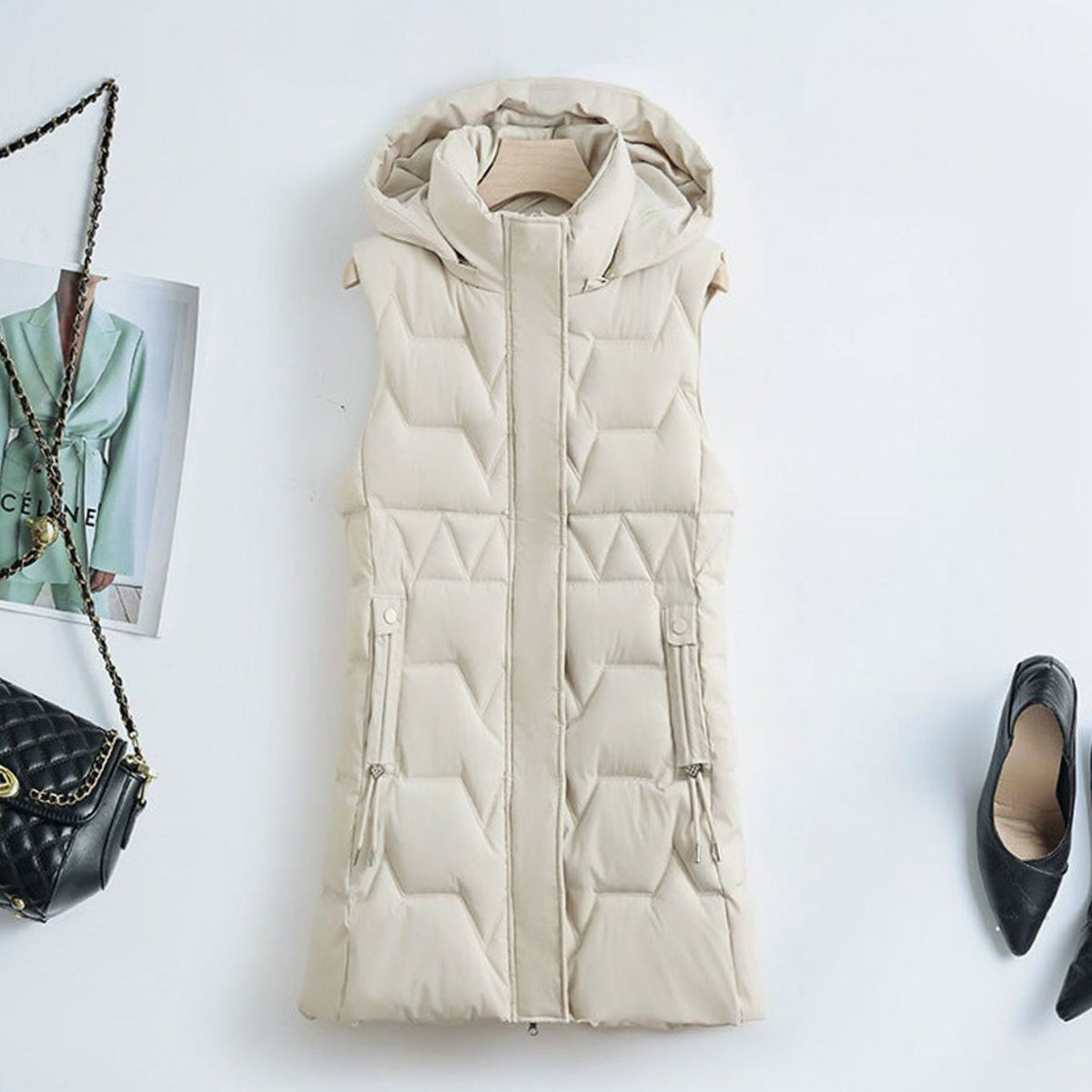 Hannah | Gilet long matelassé pour femmes avec capuche et cordons de taille