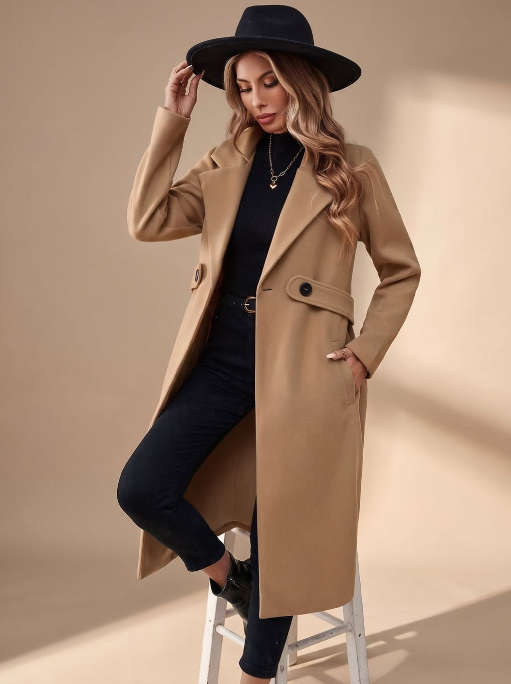 Katharina | Manteau d'hiver long et élégant pour femmes avec revers et poches latérales