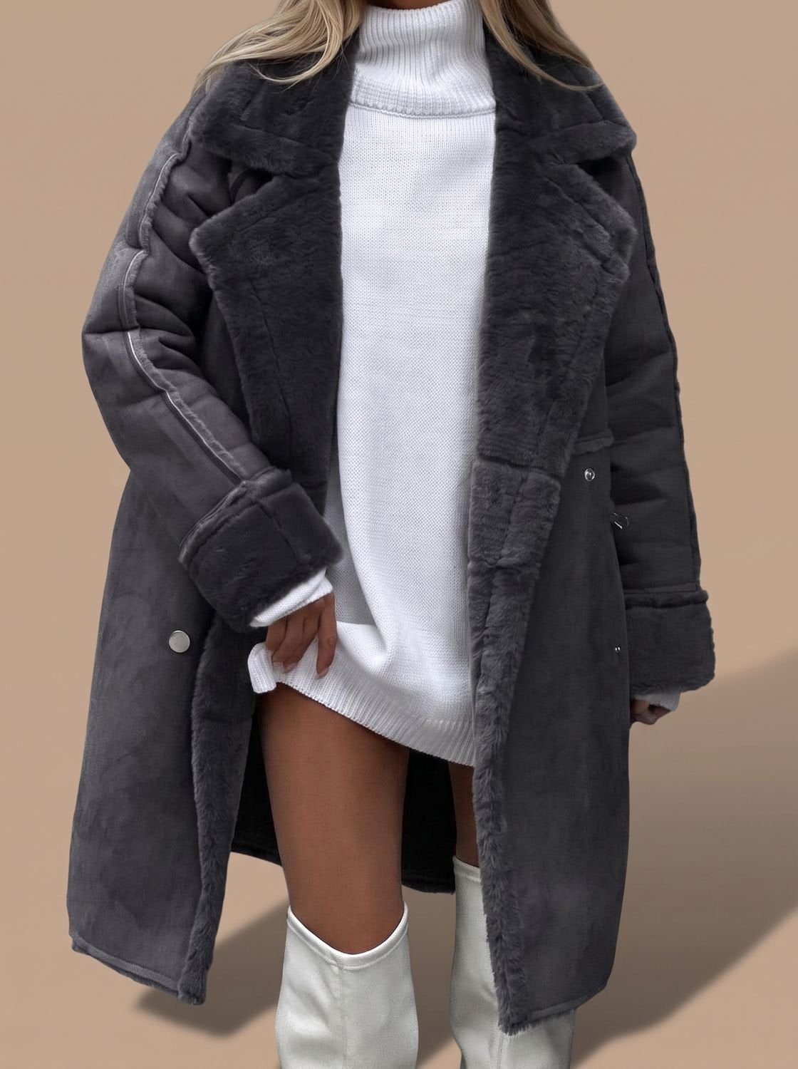 Charlotte | Manteau long en fausse fourrure pour femmes Manteau d'hiver à double boutonnage avec garniture en fourrure