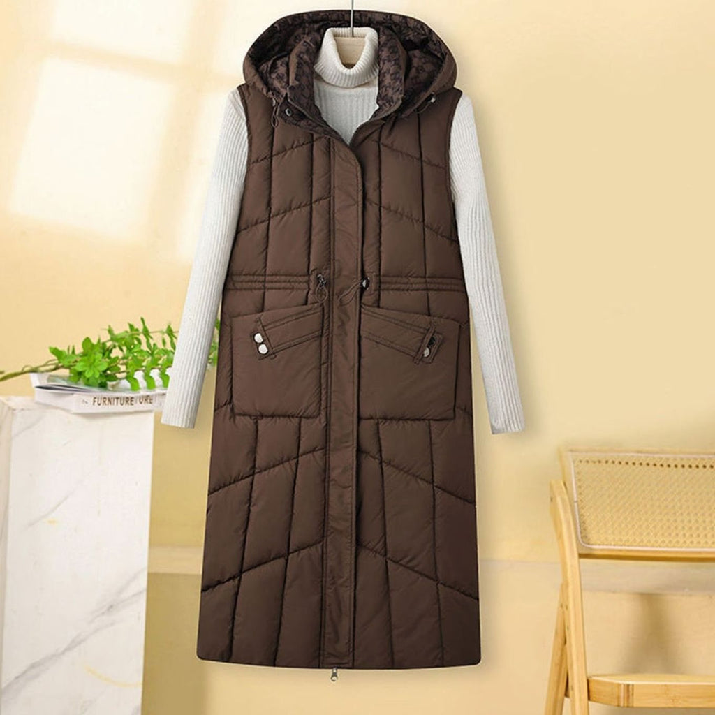 Greta | Gilet long matelassé pour femmes avec capuche et poches multifonctions