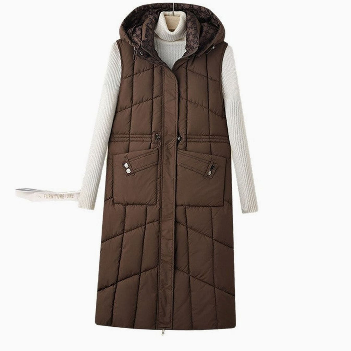 Greta | Gilet long matelassé pour femmes avec capuche et poches multifonctions