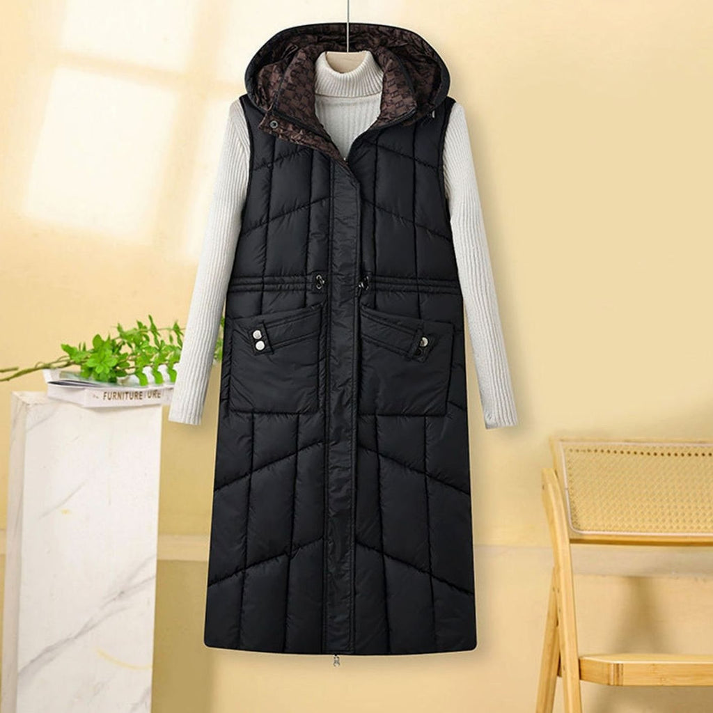 Greta | Gilet long matelassé pour femmes avec capuche et poches multifonctions