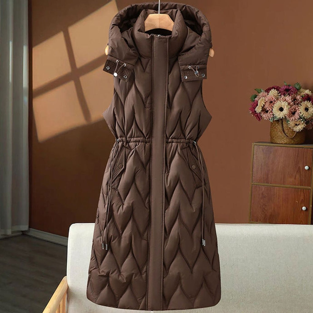 Annika | Gilet long matelassé pour femmes avec capuche et cordon de taille