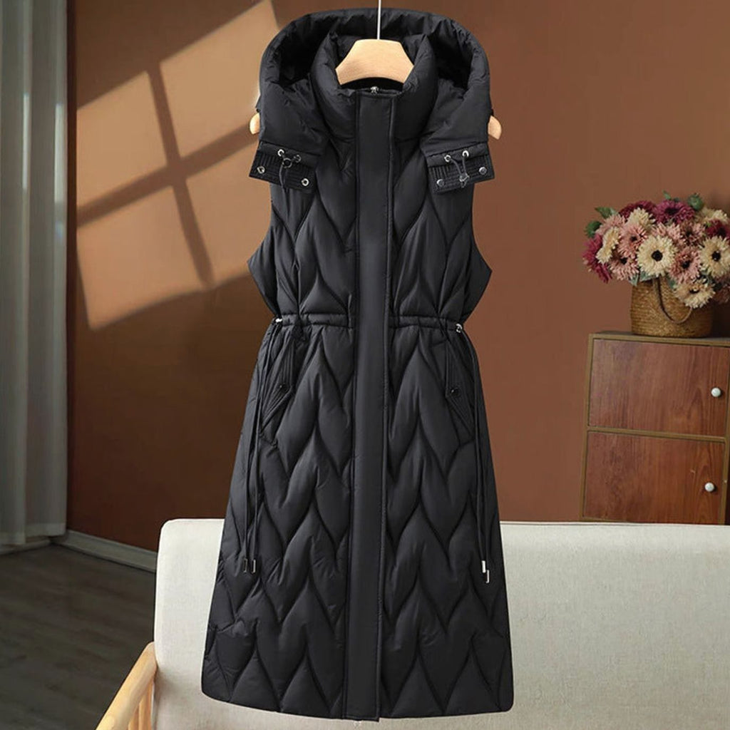 Annika | Gilet long matelassé pour femmes avec capuche et cordon de taille